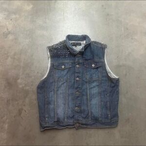 Vintage Y2K seven 7 spiked embroidered heavyweight denim biker vest‎